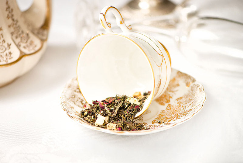champagne bouquet loose leaf tea on a saucer